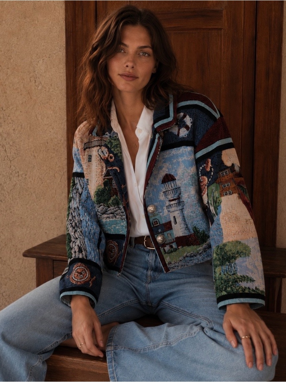Vintage Paco Soler Coastal Lighthouse Nautical Tapestry Blazer Jacket Size M/L